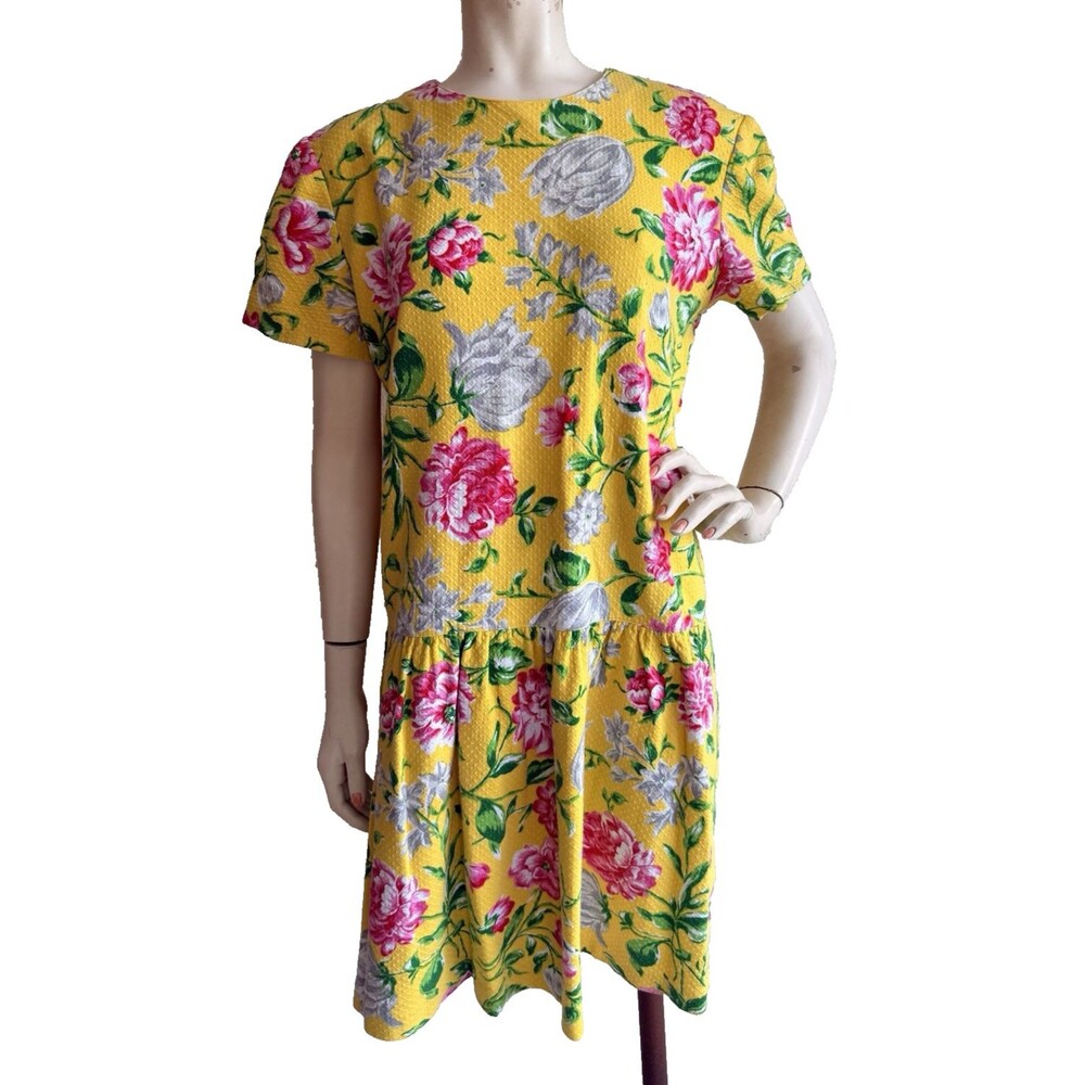 ADRIENNE VITTADINI Vintage Dress Yellow Floral 100% Cotton Short Sleeve Size 14